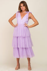 Lavender Sleeveless Tiered Tie Strap Tulle Midi Dress