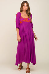 Magenta 3/4 Sleeve Embroidered Maxi Dress