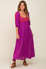 Magenta 3/4 Sleeve Embroidered Maternity Maxi Dress