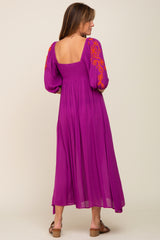 Magenta 3/4 Sleeve Embroidered Maxi Dress