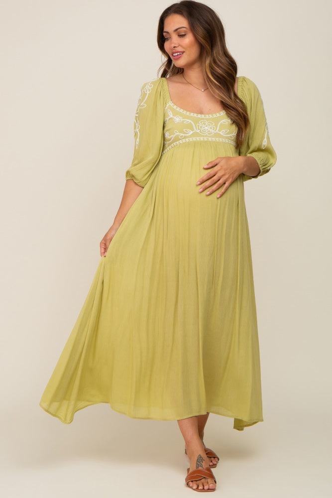 Green 3/4 Sleeve Embroidered Maternity Maxi Dress