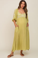Green 3/4 Sleeve Embroidered Maternity Maxi Dress