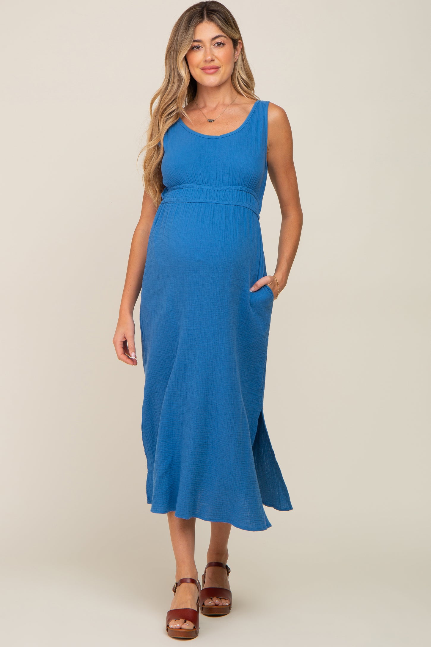 Blue Lightweight Sleeveless Open Back Maternity Maxi Dress