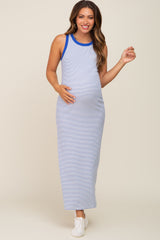 Blue Striped Ribbed Sleeveless Maternity Maxi Dress