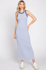 Blue Striped Ribbed Sleeveless Maternity Maxi Dress