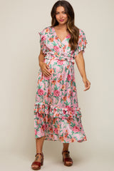 Pink Floral Satin Ruffle Maternity Midi Dress