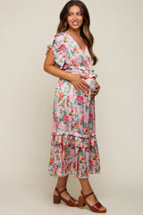 Pink Floral Satin Ruffle Maternity Midi Dress