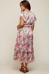 Pink Floral Satin Ruffle Maternity Midi Dress