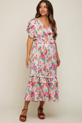 Pink Floral Satin Ruffle Maternity Midi Dress