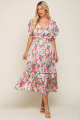 Pink Floral Satin Ruffle Maternity Midi Dress