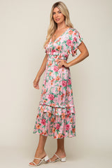 Pink Floral Satin Ruffle Midi Dress