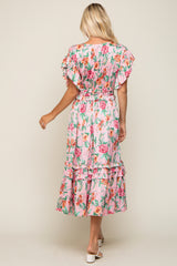 Pink Floral Satin Ruffle Midi Dress