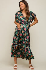 Black Floral Satin Ruffle Maternity Midi Dress