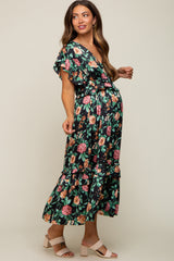 Black Floral Satin Ruffle Maternity Midi Dress