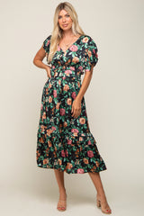 Black Floral Satin Ruffle Midi Dress