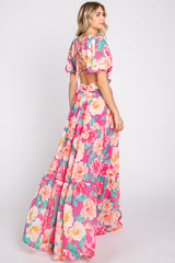 Fuchsia Floral Chiffon Front Sweetheart Neck Lace-Up Back Tiered Maxi Dress