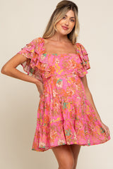 Fuchsia Floral Frill Sleeve Maternity Tiered Dress