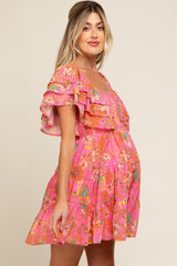 Fuchsia Floral Frill Sleeve Maternity Tiered Dress