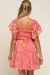 Fuchsia Floral Frill Sleeve Maternity Tiered Dress