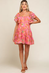 Fuchsia Floral Frill Sleeve Maternity Tiered Dress