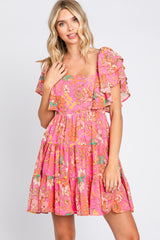 Fuchsia Floral Frill Sleeve Tiered Dress