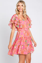 Fuchsia Floral Frill Sleeve Tiered Dress