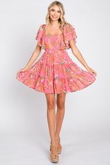 Fuchsia Floral Frill Sleeve Tiered Dress