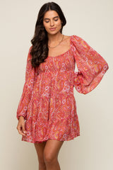 Red Paisley Tiered Long Sleeve Maternity Mini Dress