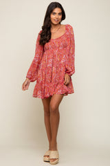 Red Paisley Tiered Long Sleeve Mini Dress