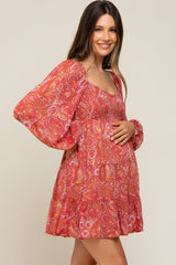 Red Paisley Tiered Long Sleeve Maternity Mini Dress