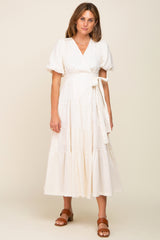 Cream Linen Wrap V-Neck Short Sleeve Tiered Maternity Midi Dress