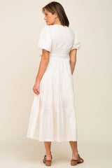 Cream Linen Wrap V-Neck Short Sleeve Tiered Midi Dress