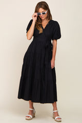 Black Linen Wrap V-Neck Short Sleeve Tiered Maternity Midi Dress