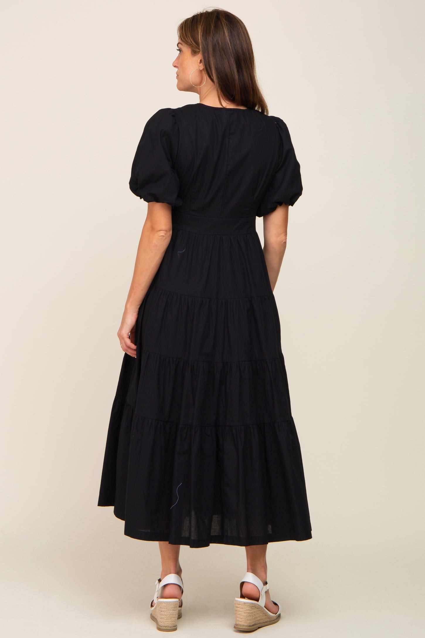 Black Linen Wrap V-Neck Short Sleeve Tiered Midi Dress