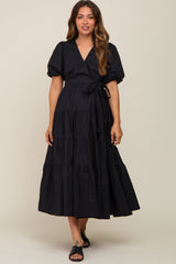 Black Linen Wrap V-Neck Short Sleeve Tiered Maternity Midi Dress