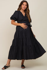 Black Linen Wrap V-Neck Short Sleeve Tiered Maternity Midi Dress