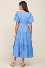 Blue Linen Wrap V-Neck Short Sleeve Tiered Midi Dress