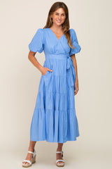 Blue Linen Wrap V-Neck Short Sleeve Tiered Midi Dress