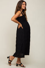 Black Smocked Square Neck Maternity Midi Dress