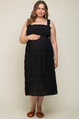 Black Smocked Square Neck Maternity Plus Midi Dress