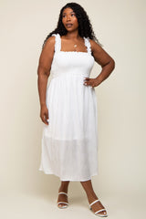 White Smocked Square Neck Maternity Plus Midi Dress