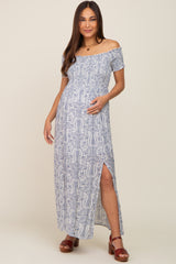 Light Blue Floral Off Shoulder Smocked Maternity Maxi Dress