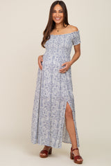 Light Blue Floral Off Shoulder Smocked Maternity Maxi Dress