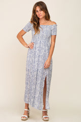 Light Blue Floral Off Shoulder Smocked Maxi Dress