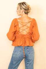 Burnt Orange Strappy Back Square Neck Blouse Top