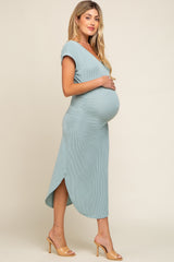 Mint Green Ribbed Twist Back Curved Hem Maternity Maxi Dress