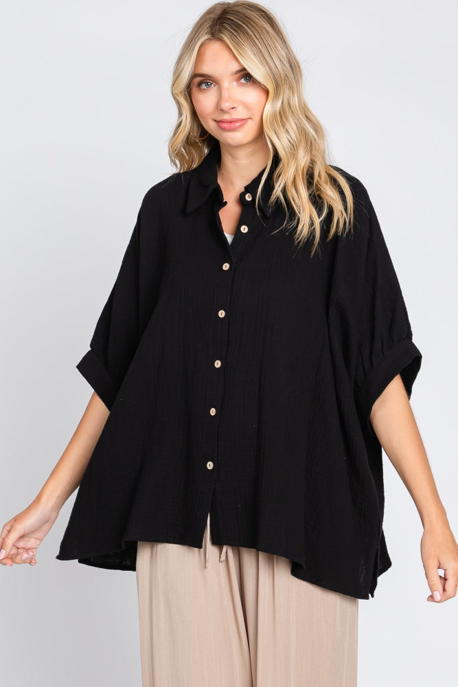 Black Gauze Double Layered Button Up Top