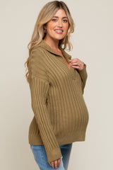 Olive Ribbed Knit Collared Long Sleeve Maternity Top