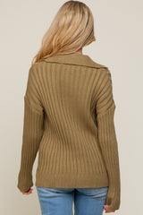 Olive Ribbed Knit Collared Long Sleeve Maternity Top