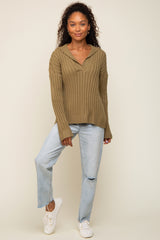 Olive Ribbed Knit Collared Long Sleeve Top